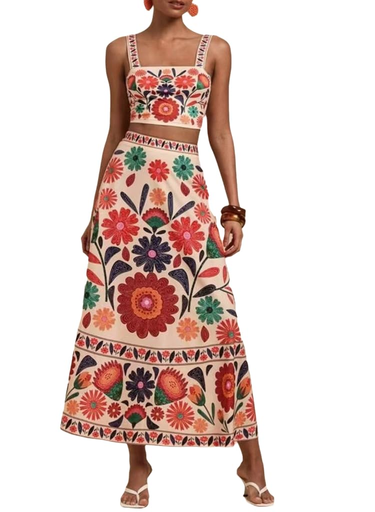 THLAI Skirt Sets Women 2 Piece Outfits Tropical Floral Print Crop Top and A-line Maxi Skirt Summer Vacation Outfits - Image 1