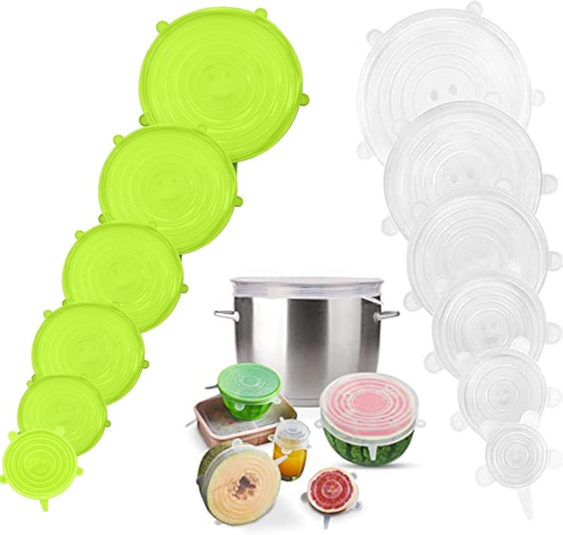 أغطية سيليكون مرنة، 12 قطعة من أغطية الطعام المرنة، أغطية أوعية قابلة لإعادة الاستخدام ومقاومة للانسكاب، غطاء سهل الاستخدام والتخزين للميكروويف، بديل لغلاف الطعام البلاستيكي، لأغطية أوعية الطعام المختلفة. (أخضر وأبيض)