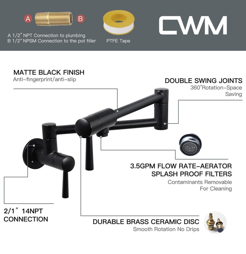 CWM Imlezon Pot Filler Faucet Stainless Steel Commercial Wall Mount Kitchen Sink Faucet Folding Stretchable With Single Hole Two Handles Black - Image 5