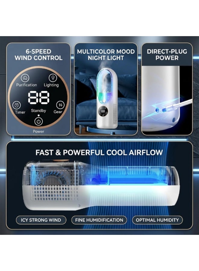 M MIAOYAN 6-Speed ​​Bladeless Electric Fan (with Lighting) — USB Personal Misting Fan, Portable Desktop Cooling Device; Features a 100ml Water Tank, 7-Color Night Light, and Timer Function; Suitable for Bedrooms, Offices, and Dormitories (White) - Image 3