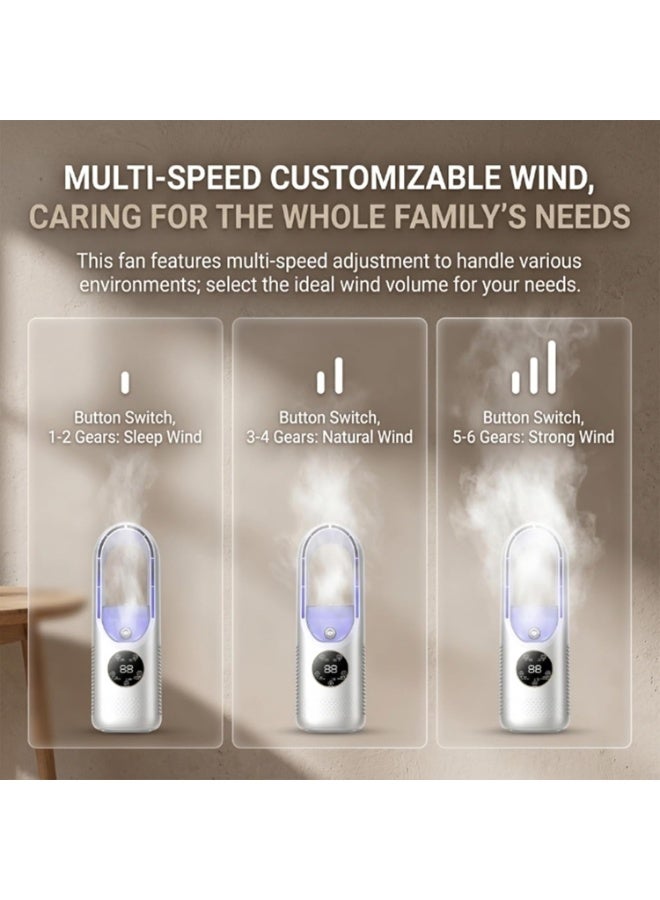M MIAOYAN 6-Speed ​​Bladeless Electric Fan (with Lighting) — USB Personal Misting Fan, Portable Desktop Cooling Device; Features a 100ml Water Tank, 7-Color Night Light, and Timer Function; Suitable for Bedrooms, Offices, and Dormitories (White) - Image 4