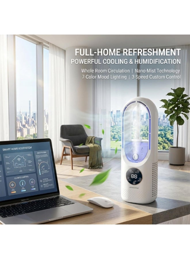 M MIAOYAN 6-Speed ​​Bladeless Electric Fan (with Lighting) — USB Personal Misting Fan, Portable Desktop Cooling Device; Features a 100ml Water Tank, 7-Color Night Light, and Timer Function; Suitable for Bedrooms, Offices, and Dormitories (White) - Image 2
