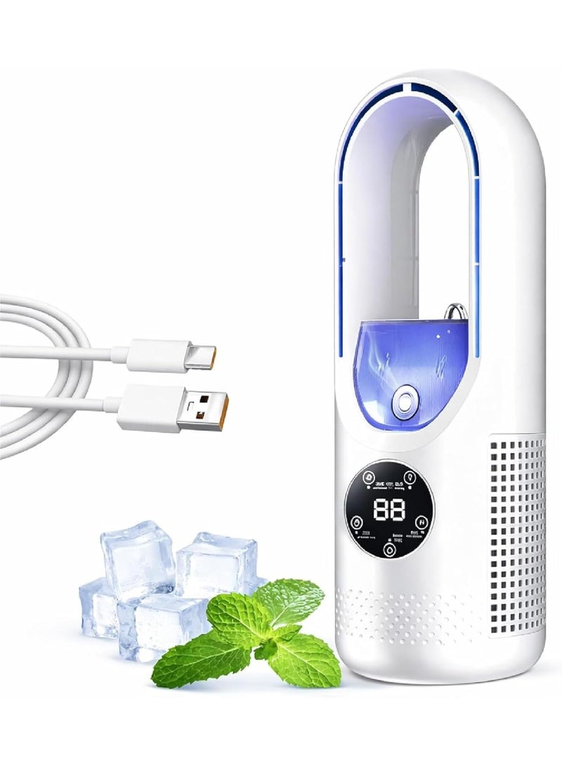 M MIAOYAN 6-Speed ​​Bladeless Electric Fan (with Lighting) — USB Personal Misting Fan, Portable Desktop Cooling Device; Features a 100ml Water Tank, 7-Color Night Light, and Timer Function; Suitable for Bedrooms, Offices, and Dormitories (White) - Image 1