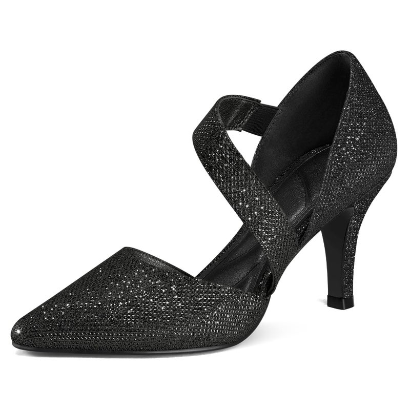 mysoft Women's Pointed Toe Low Stiletto Heel Dress Pumps Shoes - Available in Wide Sizes Black-Glitter - Image 1