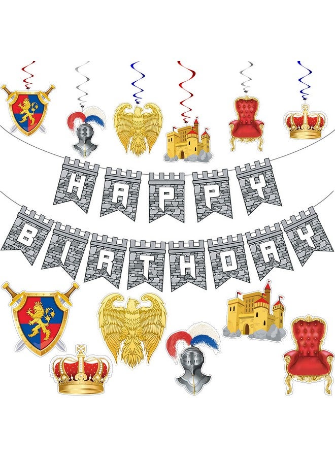 Skylety 25 Pieces Medieval Birthday Banner Castle Party Supplies Knight Birthday Decorations Medieval Whirls Hanging Decorations Stone Wall Shield Armour Shield for Party Supplies - Image 1