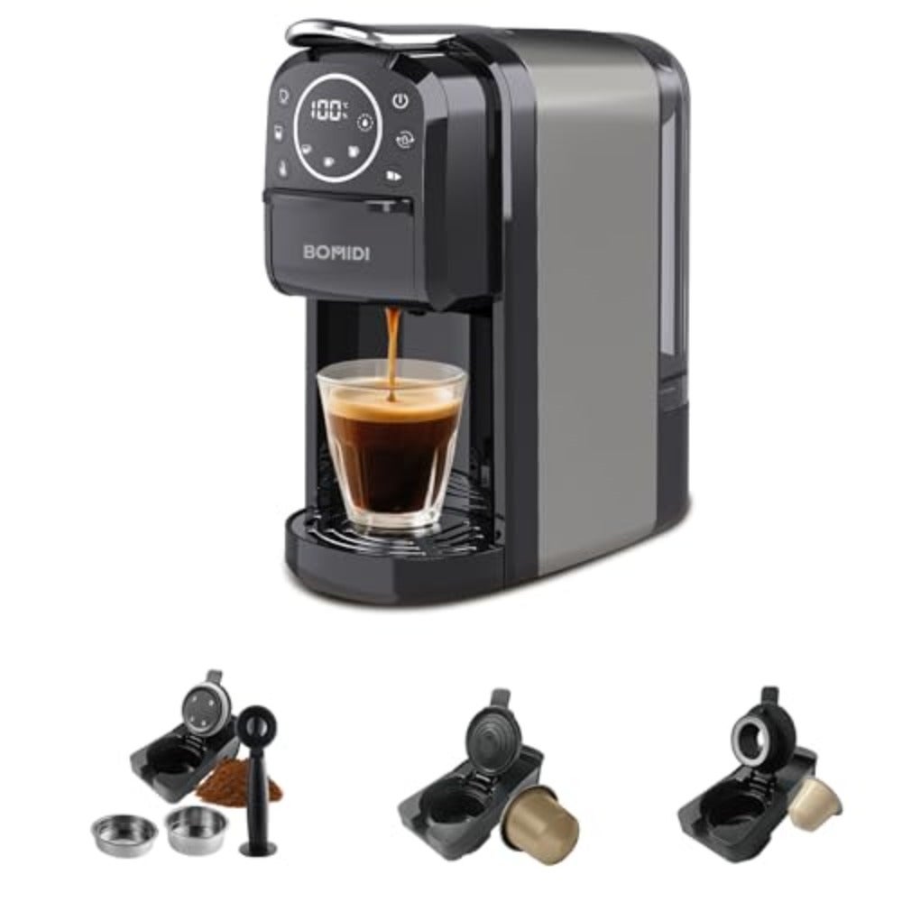 3-IN-1 Capsule Coffee Machine for Home Office Travel, Stainless Steel Body, Black, 20 Bar High Pressure with Adjustable Temperature 55-100C, 700mL Detachable Water Tank, Smart LED Display, Compact Design