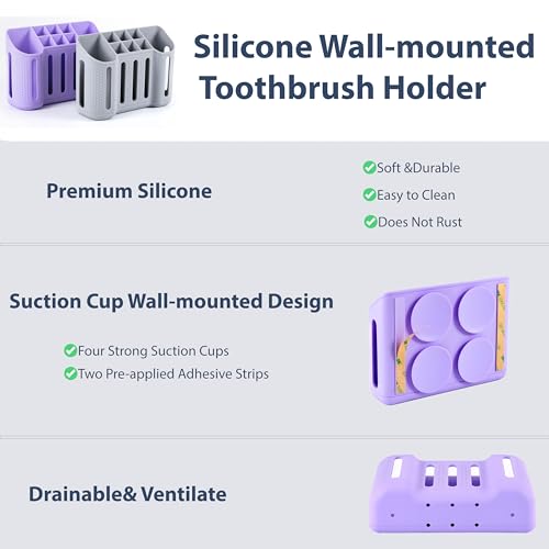 MtBoi Wall-Mounted Silicone Toothbrush Holders for Bathrooms, Electric Toothbrush, Shaver and Toothpaste Holder, Multiple Slots, Suction Pad& Adhesive Tape, Bathroom Organizer, Bathroom Accessories (Purple) - Image 2