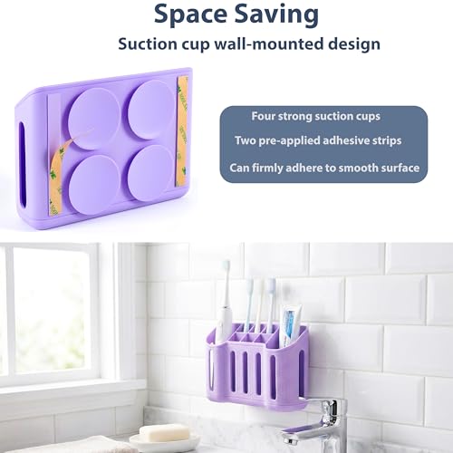 MtBoi Wall-Mounted Silicone Toothbrush Holders for Bathrooms, Electric Toothbrush, Shaver and Toothpaste Holder, Multiple Slots, Suction Pad& Adhesive Tape, Bathroom Organizer, Bathroom Accessories (Purple) - Image 3
