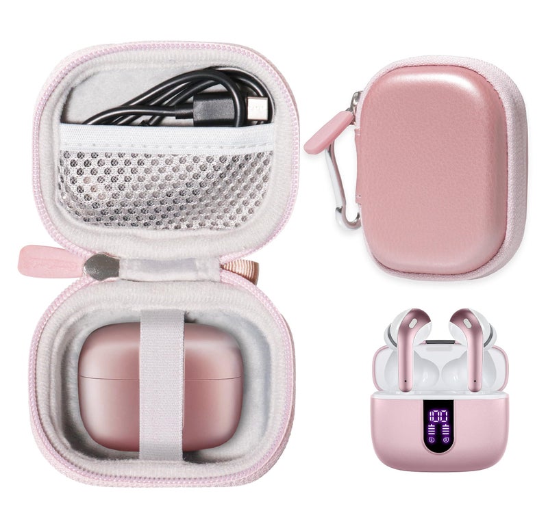 CaseSack Case for TAGRY X08 Bluetooth Headphones True Wireless Earbuds 60H, mesh Pocket for Charge Cable (Rose Gold) - Image 1