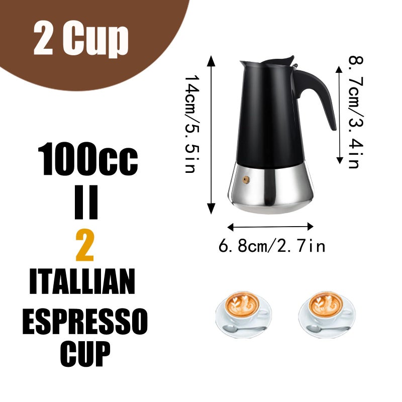 DITOSH 2 Cup Stovetop Espresso Maker Stainless Steel Moka Pot Stove Top Percolator Italian Coffee Makers Capable Mocha Greca Machine Cafe Classic Induction Cookers for Home and Camping 100ml 3.3oz - Image 2
