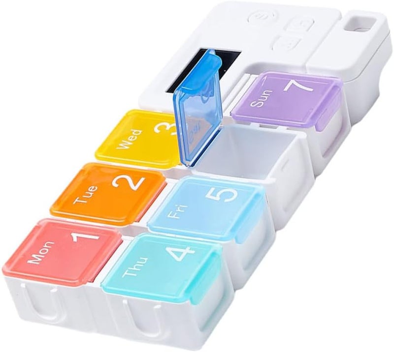 DOITOOL Weekly 7-Compartment Electronic Organizer، صندوق أدوية محكم الإغلاق قابل للحمل مع أقسام قابلة للفصل، مع تذكير بالمواعيد عبر منبه، حقيبة أدوية محمولة صغيرة الحجم، (البطارية غير متضمنة). - Image 1