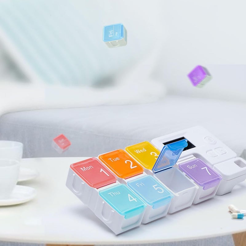 DOITOOL Weekly 7-Compartment Electronic Organizer، صندوق أدوية محكم الإغلاق قابل للحمل مع أقسام قابلة للفصل، مع تذكير بالمواعيد عبر منبه، حقيبة أدوية محمولة صغيرة الحجم، (البطارية غير متضمنة). - Image 4