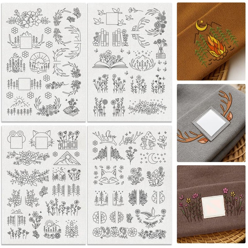 DOODLREAM 56Pcs Mountain Flower Vine Embroidery Pattern Stabilizer, 8.3"x11.7" Deer Antler Book Water Soluble Stick and Stitch Embroidery Sticker, 4 Sheets Tree Hat Hand Sewing DIY Embroidery Paper - Image 1