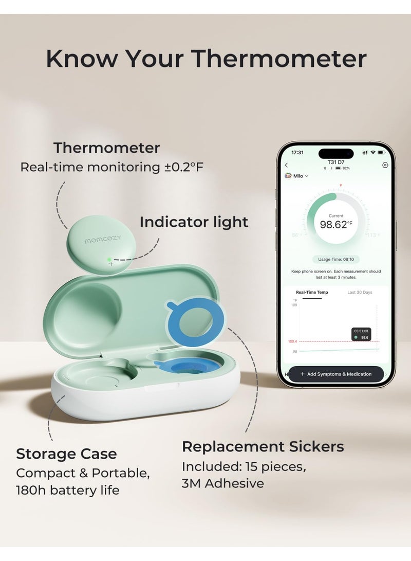 Momcozy مقياس حرارة رقمي قابل للارتداء للأطفال، مقياس حرارة ذكي بتقنية البلوتوث بدقة طبية، قراءة فورية، مراقبة في الوقت الحقيقي عبر التطبيق للرضع والأطفال، ملصقات 3M مضادة للحساسية - Image 2
