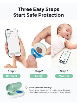 مقياس حرارة رقمي قابل للارتداء للأطفال، مقياس حرارة ذكي بتقنية البلوتوث بدقة طبية، قراءة فورية، مراقبة في الوقت الحقيقي عبر التطبيق للرضع والأطفال، ملصقات 3M مضادة للحساسية - view 5