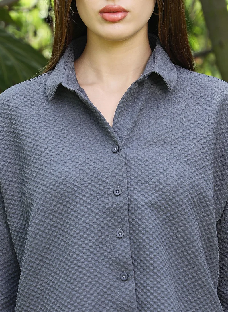 بينيا كولادا Women's Charcoal Grey Cubic-Textured Boxy Shirt For Casual Wear | Spread Collar | Short Regular Sleeves | Button Closure | Shirt Designed With Comfortable Fit For Woman & Girls