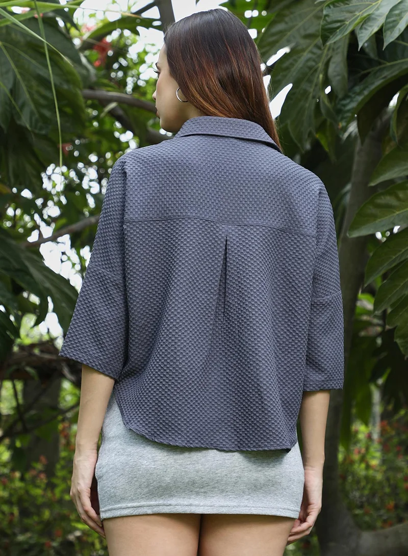 بينيا كولادا Women's Charcoal Grey Cubic-Textured Boxy Shirt For Casual Wear | Spread Collar | Short Regular Sleeves | Button Closure | Shirt Designed With Comfortable Fit For Woman & Girls