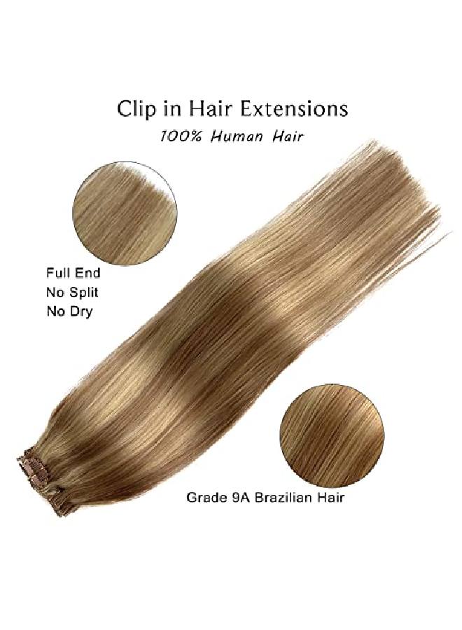 Ubetta Hair Extensions Clip In Human Hair 15 Inch Straight Wefted Remy Human Hair Golden Brown With Bleach Blonde Highlights Real Hair Extensions 70G 7 Pieces For Women - Image 3