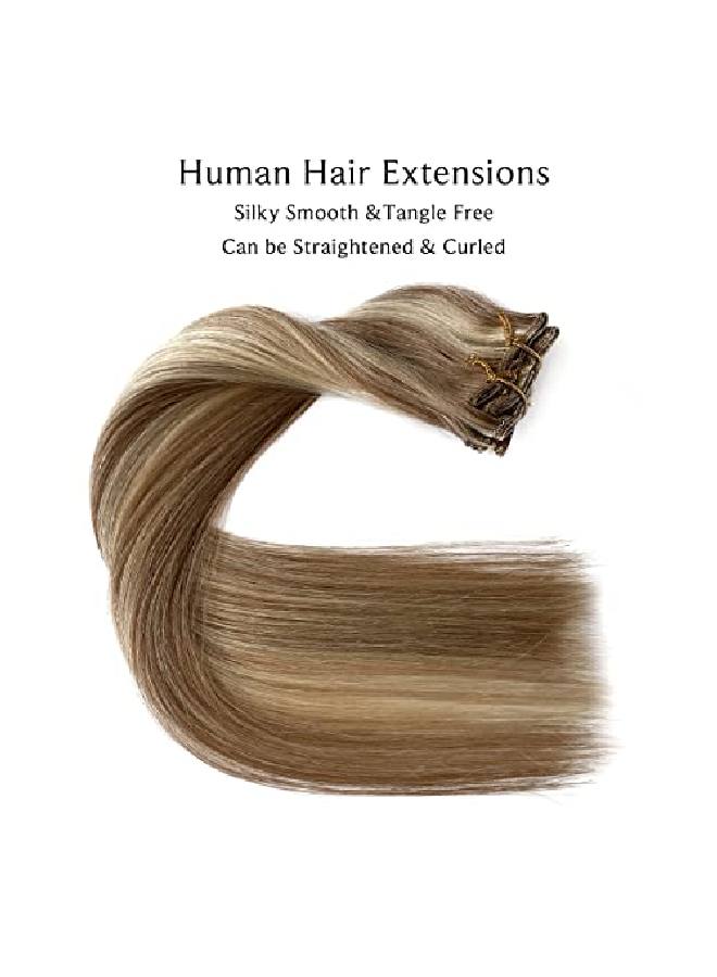 Ubetta Hair Extensions Clip In Human Hair 15 Inch Straight Wefted Remy Human Hair Golden Brown With Bleach Blonde Highlights Real Hair Extensions 70G 7 Pieces For Women - Image 4