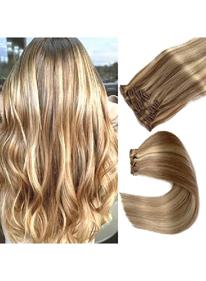 Ubetta Hair Extensions Clip In Human Hair 15 Inch Straight Wefted Remy Human Hair Golden Brown With Bleach Blonde Highlights Real Hair Extensions 70G 7 Pieces For Women - Image 1