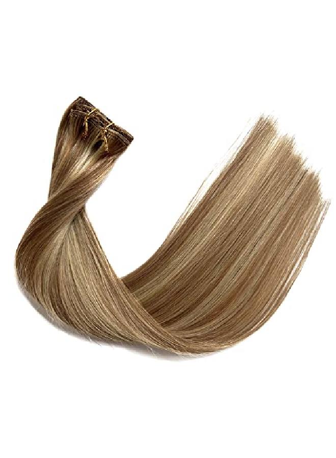 Ubetta Hair Extensions Clip In Human Hair 15 Inch Straight Wefted Remy Human Hair Golden Brown With Bleach Blonde Highlights Real Hair Extensions 70G 7 Pieces For Women - Image 5