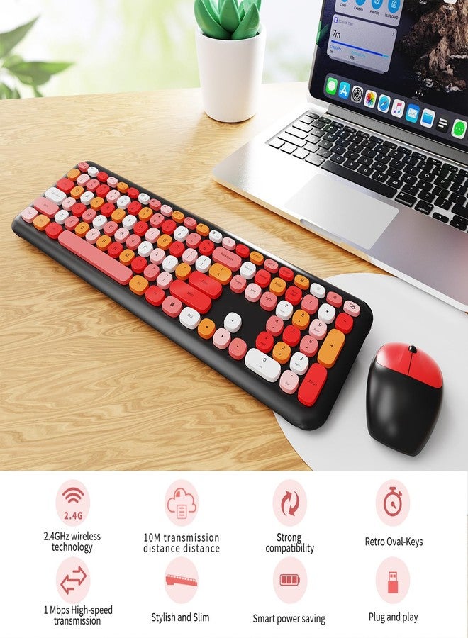 SkyGive Wireless Keyboard and Mouse Combo, Colorful Ergonomic Full Size Retro Low-Noise Keyboard with Cute keycaps, Compatible with Windows, PC, Perfer for Home and Office Keyboards (Black) - Image 2