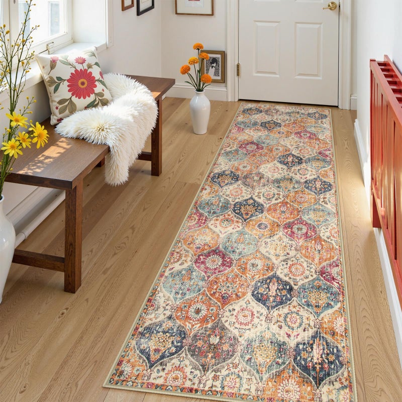 Lahome Moroccan Hallway Runner Rug 25x8 UltraThin Washable Runners for Hallways Kitchen Oriental Laundry Room Rug NonSlip Vintage Long Carpet for Entryway Bedroom Bathroom CreamMulti