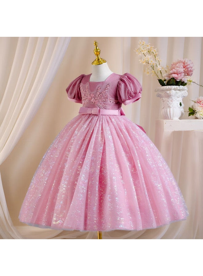 Luobobeibei Girls' Blue Long Dress Children'S Princess Dress Wedding Host Performance Costume Pink 110 - Image 4