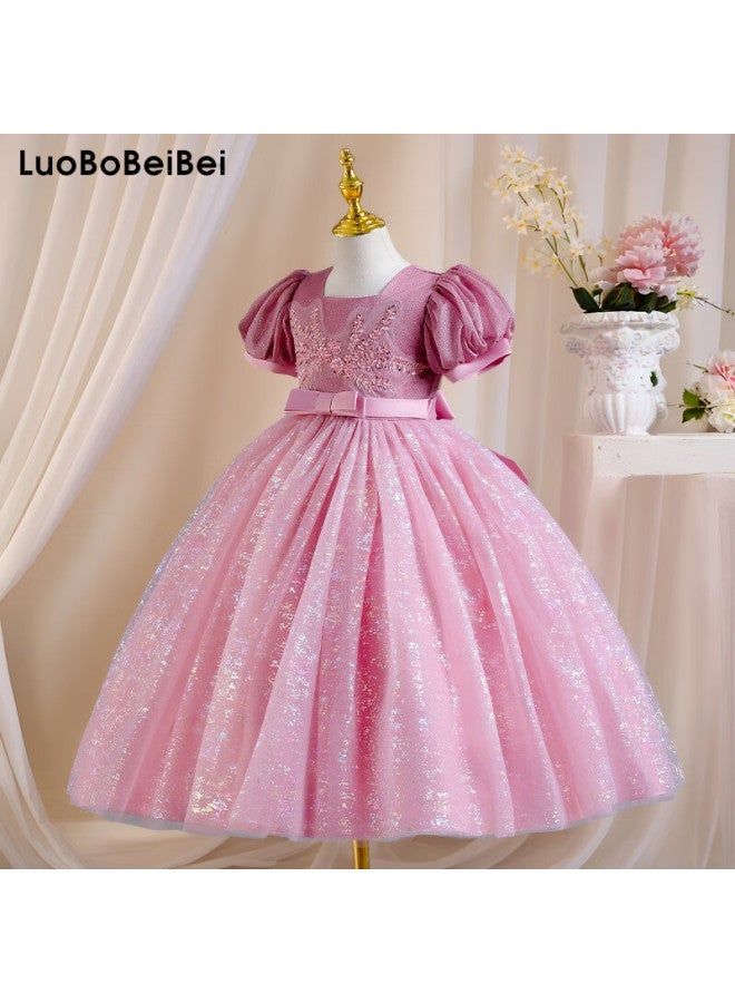 Luobobeibei Girls' Blue Long Dress Children'S Princess Dress Wedding Host Performance Costume Pink 110 - Image 1