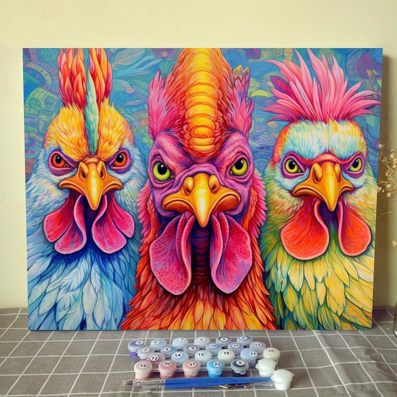 Tucocoo Colorful Hippy Roosters Paint by Numbers Kits On Canvas for Adults Easy DIY Oil Painting for Students Adults Beginner with Brushes Acrylic Painting for Home Wall Art Decor Gifts16x20inch No Frame - Image 1