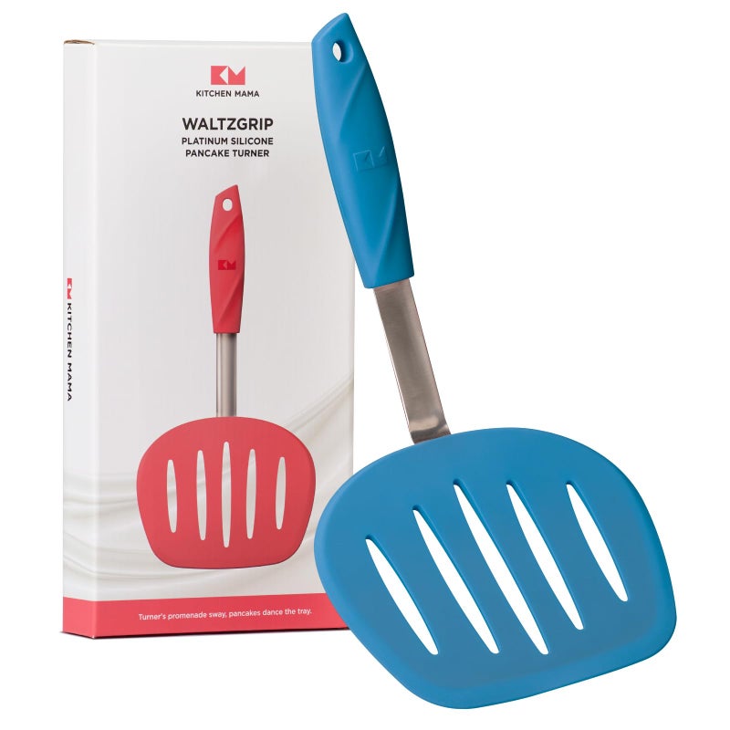 Kitchen Mama WaltzGrip Platinum Silicone Pancake Spatula Turner HeatResistant Slotted Tapered Head Stainless Steel Core Durable DishwasherSafe Ideal for Flipping and Wok Use Blue