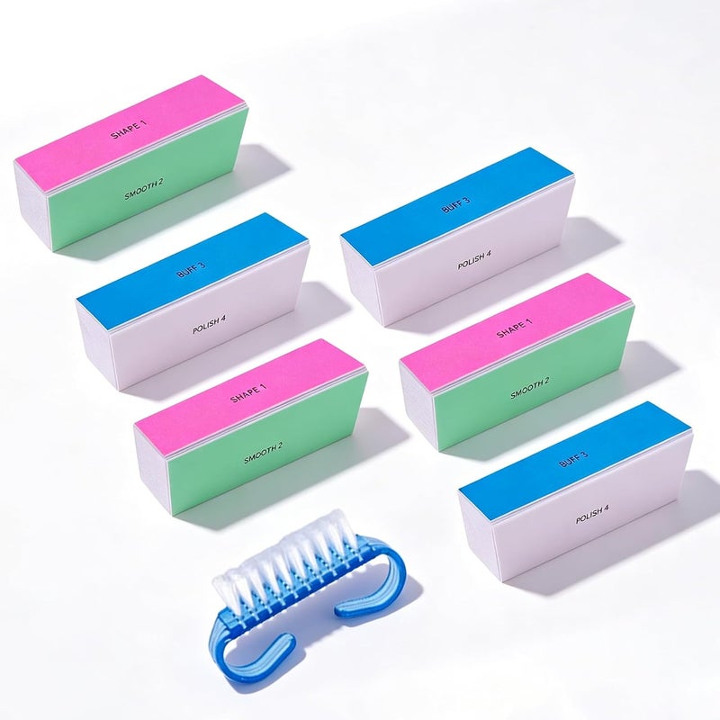 Duomama 6 Pcs 4-Way Nail Buffer Blocks with Nail Brush, 180/600/1000/3000 Grit Professional Buffing Kit for Natural & Acrylic Nails - Image 1