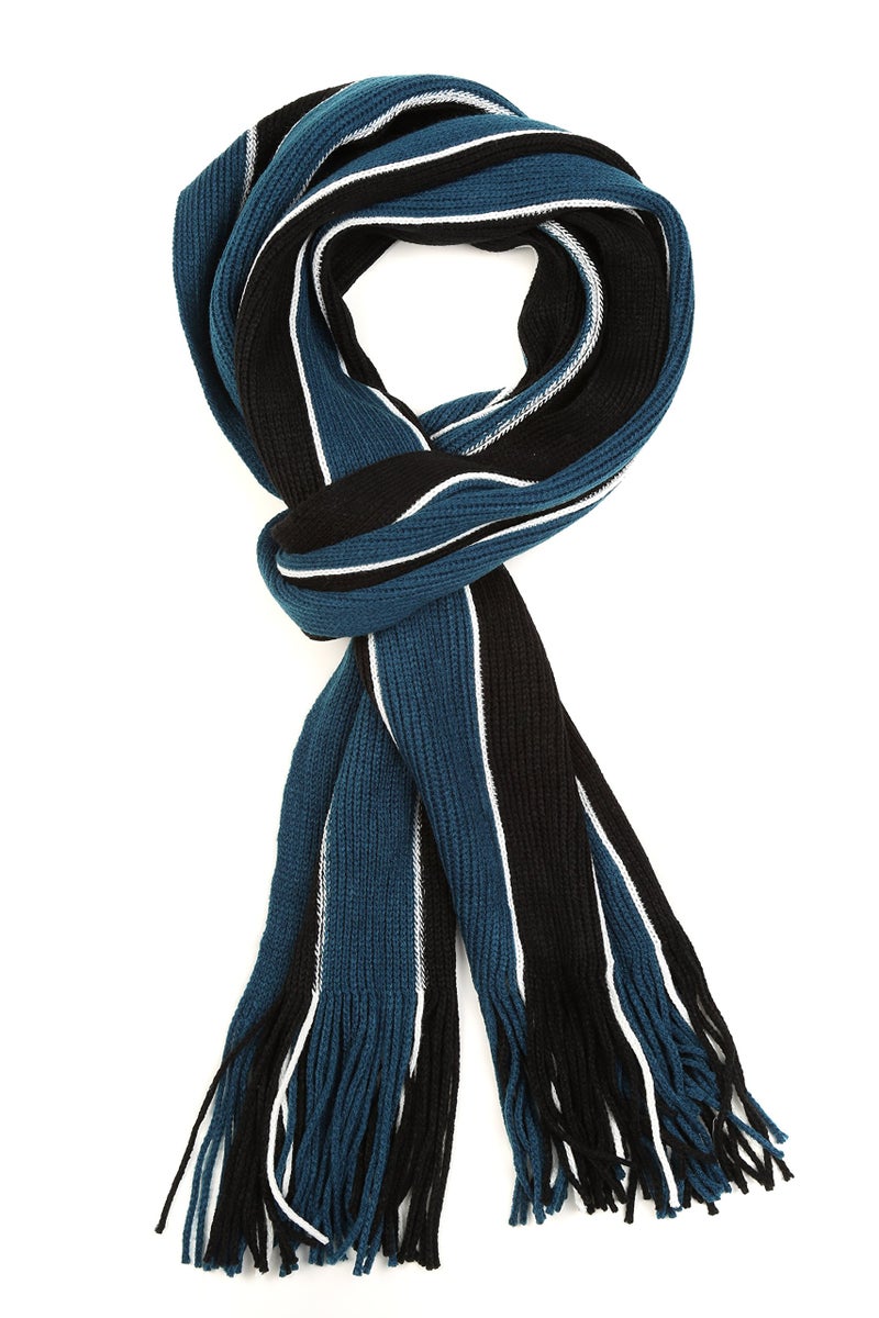 Sakkas 1591 - Rhyland Striped Color Block Knitted Winter Scarf With Fringe - Black/Blue - OS - Image 4