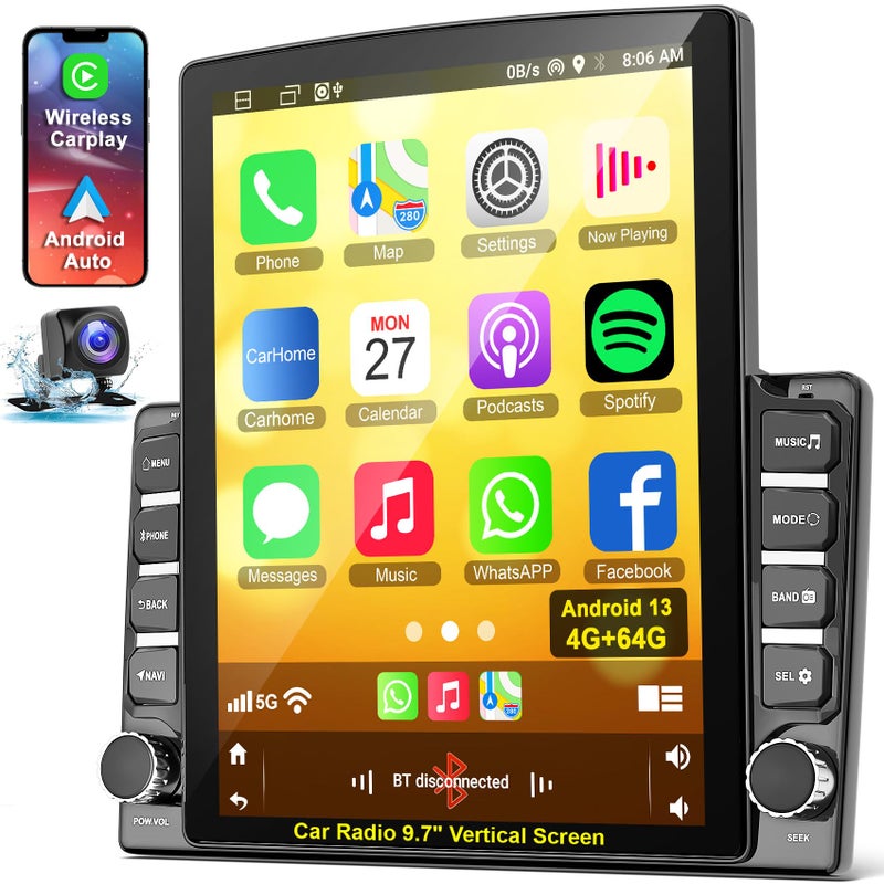 electrosmart Double din car Radio Universal 9.7" Touch Screen Head Unit, Support Wireless carplay Android auto, Support GPS Navigation, FM Bluetooth Steering Wheel Control, Mirrorlink, Reverse Camera - Image 1