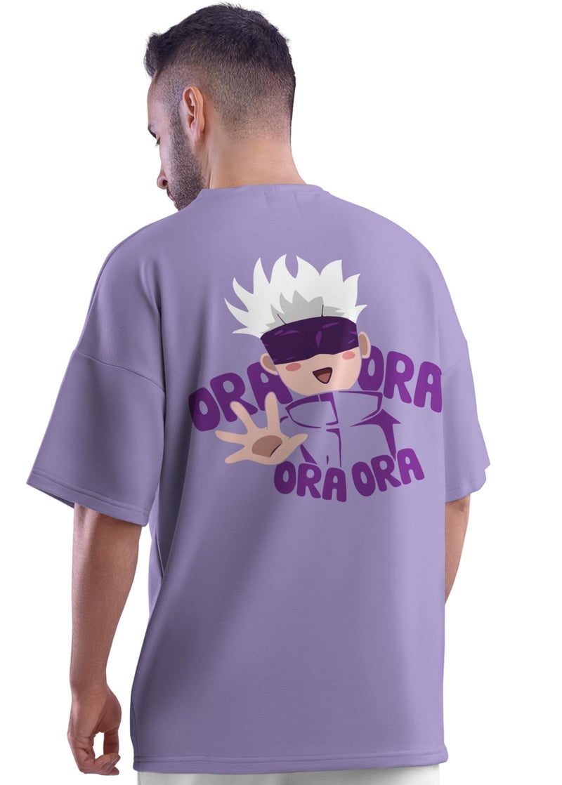 crazymonk Unisex Cotton Jujutsu Kaisen Ora Ora Gojo Satoru Anime Oversized T-Shirt - Lilac, XXL, Lilac Oversized Fit - Image 5