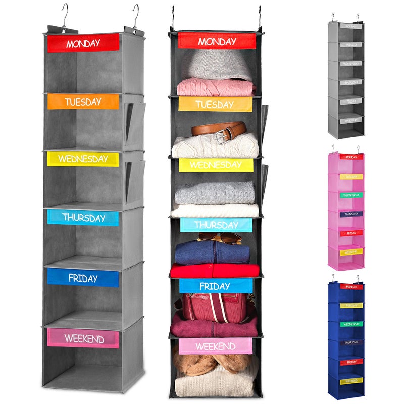 Handy Laundry Hanging Clothes Organizer for Kids 6Shelf Closet Daily Clothing Organization Labeled Shelves with Days of The Week Monday Through Friday Weekday and Weekend GreyColored