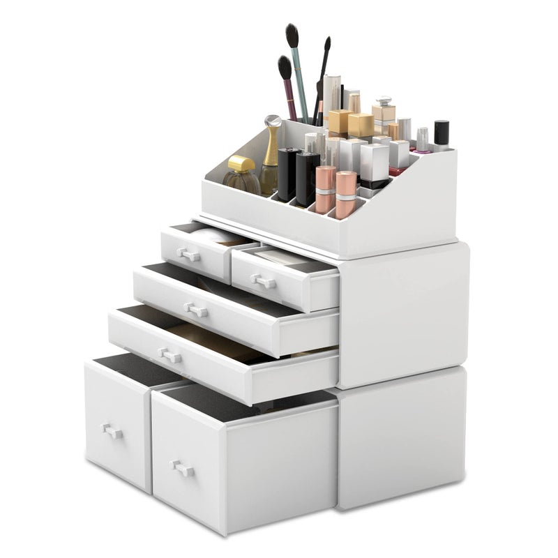 READAEER Makeup Organizer 3 Pieces Cosmetic Storage Case with 6 Drawers (White) - Image 1