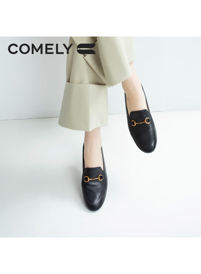 Comely Women's Leather Flat Slip-on Shoes Round Toe Comfortable Commuter All-match Loafers Black Size 40 - Image 3
