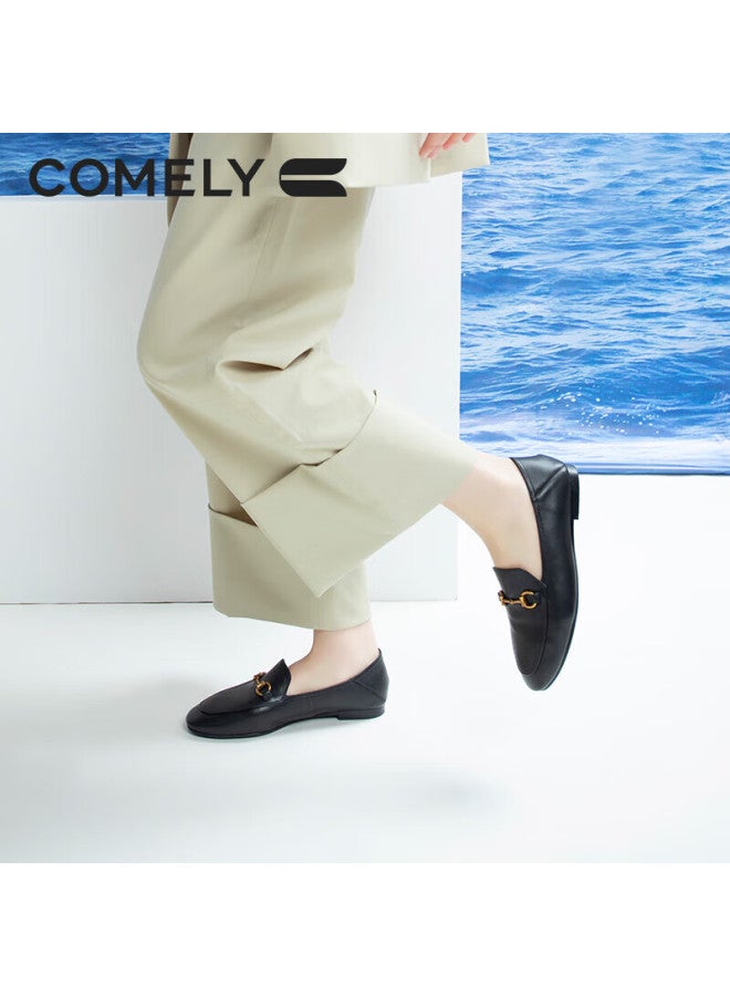 Comely Women's Leather Flat Slip-on Shoes Round Toe Comfortable Commuter All-match Loafers Black Size 40 - Image 2