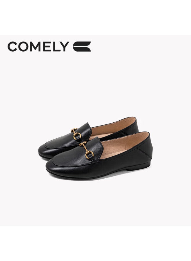 Comely Women's Leather Flat Slip-on Shoes Round Toe Comfortable Commuter All-match Loafers Black Size 40 - Image 1