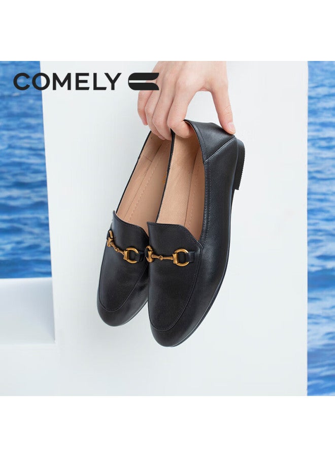 Comely Women's Leather Flat Slip-on Shoes Round Toe Comfortable Commuter All-match Loafers Black Size 40 - Image 5