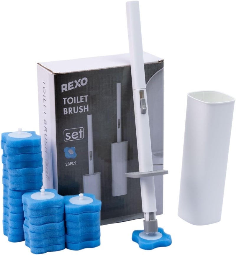 REXO Disposable Toilet Brush Set: Effortless, Disposable Bathroom Cleaning System | Includes Wall-Mounted Holder and 28 Premium Refill Heads | Ergonomic Design for Improved - Image 1