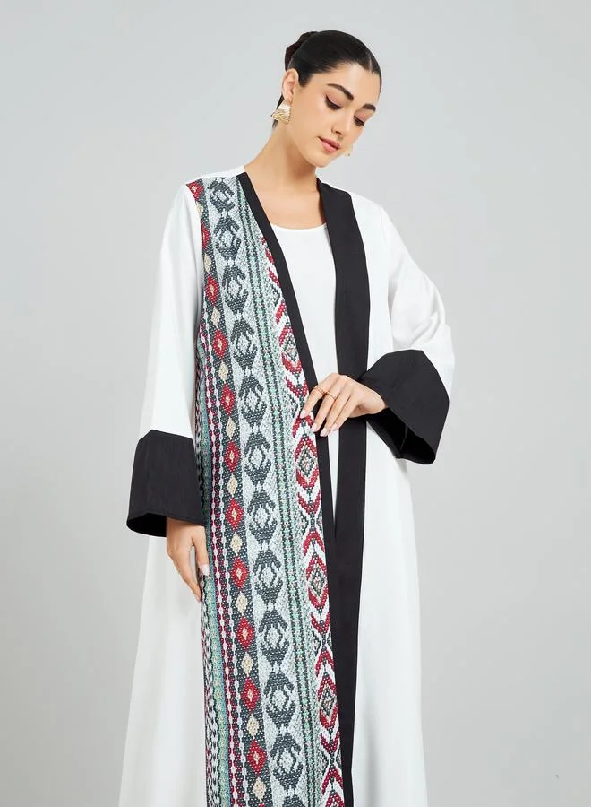 Amirah  White Open Front Abaya with Printed Panel for Women | Best Price UAE
