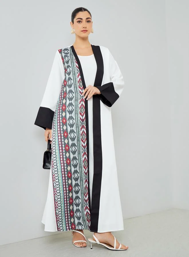White Open Front Abaya with Printed Panel