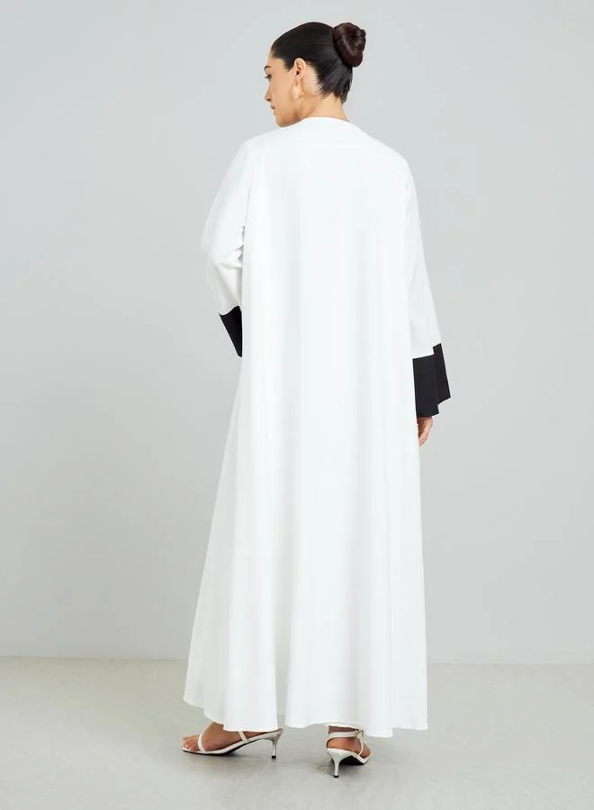 Amirah  White Open Front Abaya with Printed Panel for Women | Best Price UAE