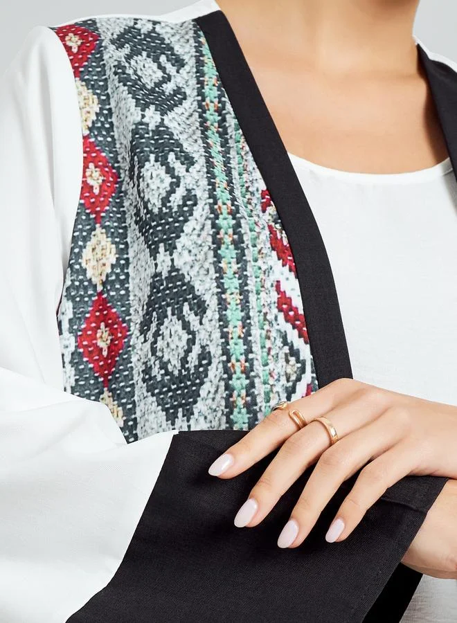 Amirah  White Open Front Abaya with Printed Panel for Women | Best Price UAE
