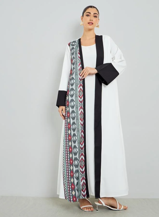 Amirah  White Open Front Abaya with Printed Panel for Women | Best Price UAE