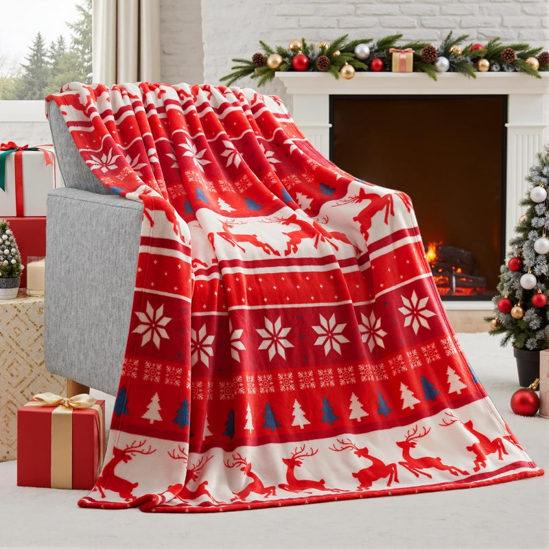 Joiedomi Christmas Throw Blanket Soft Flannel Christmas Blanket Warm Plush Holiday Decorative Throw Winter Cozy Present Throw for Couch 50 x 60 Red Fair Isle