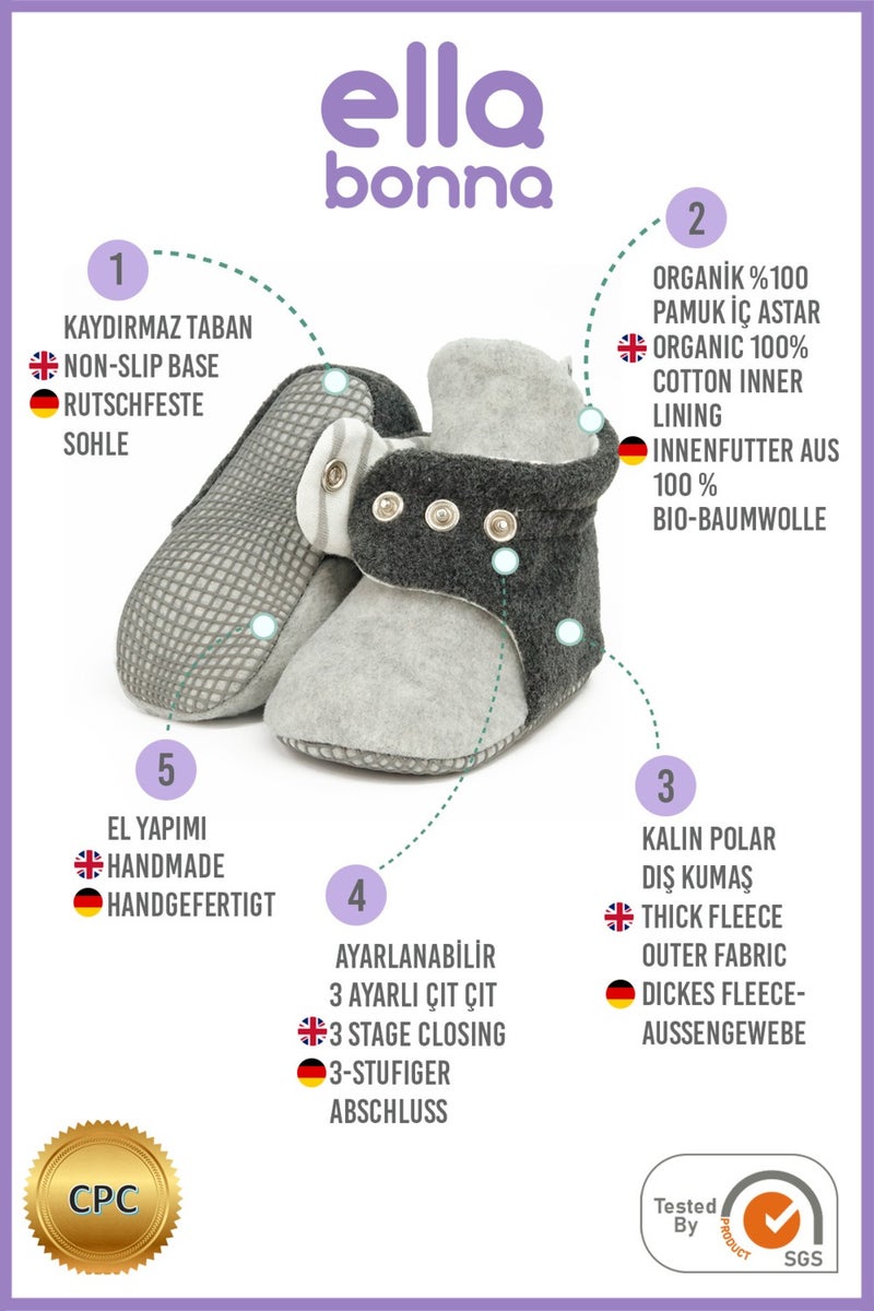 Ella Bonna Polar Baby Slippers, Non-Slip Sole, Organic Cotton Lined, First Step Home Slippers, Gray Anthracite - Image 3