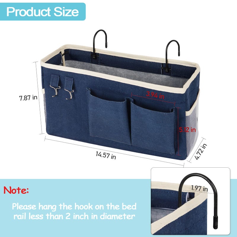Loghot Bedside Caddy/Bedside Storage Bag Hanging Organizer For Bunk And Hospital Beds Dorm Rooms Bed Rails Can Be Placed Glasses Books Mobile Phones Keys (Navy Blue) - Image 4
